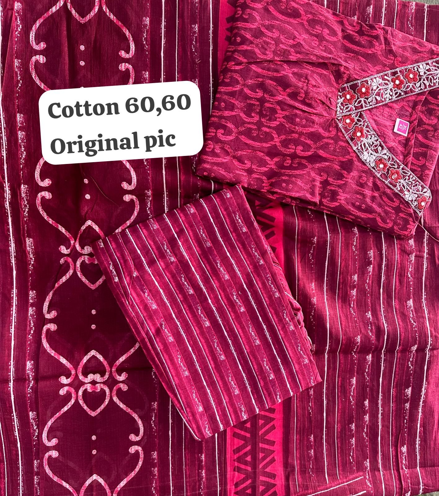 Cotton Kurti Pant Dupatta Set with Embroidery